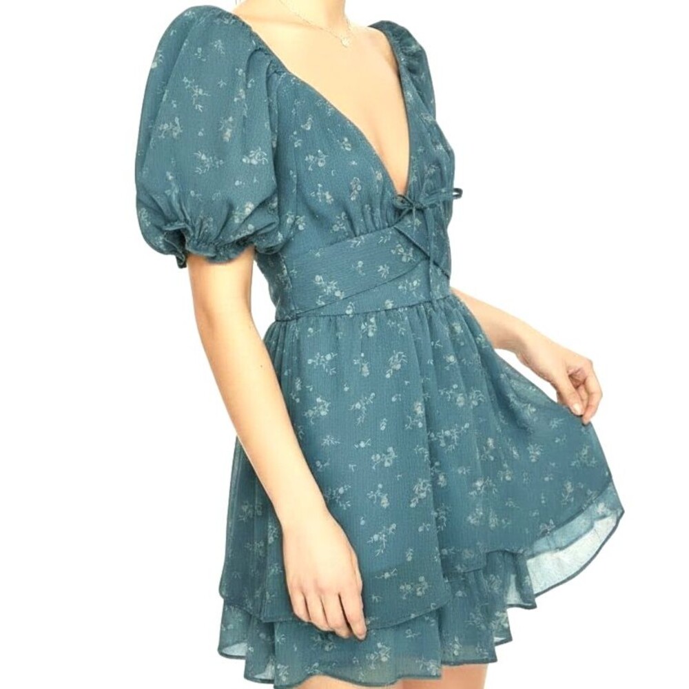 Altar'd State Ditsy Floral Chiffon Dress Women Large Blue Mini Festival Layered